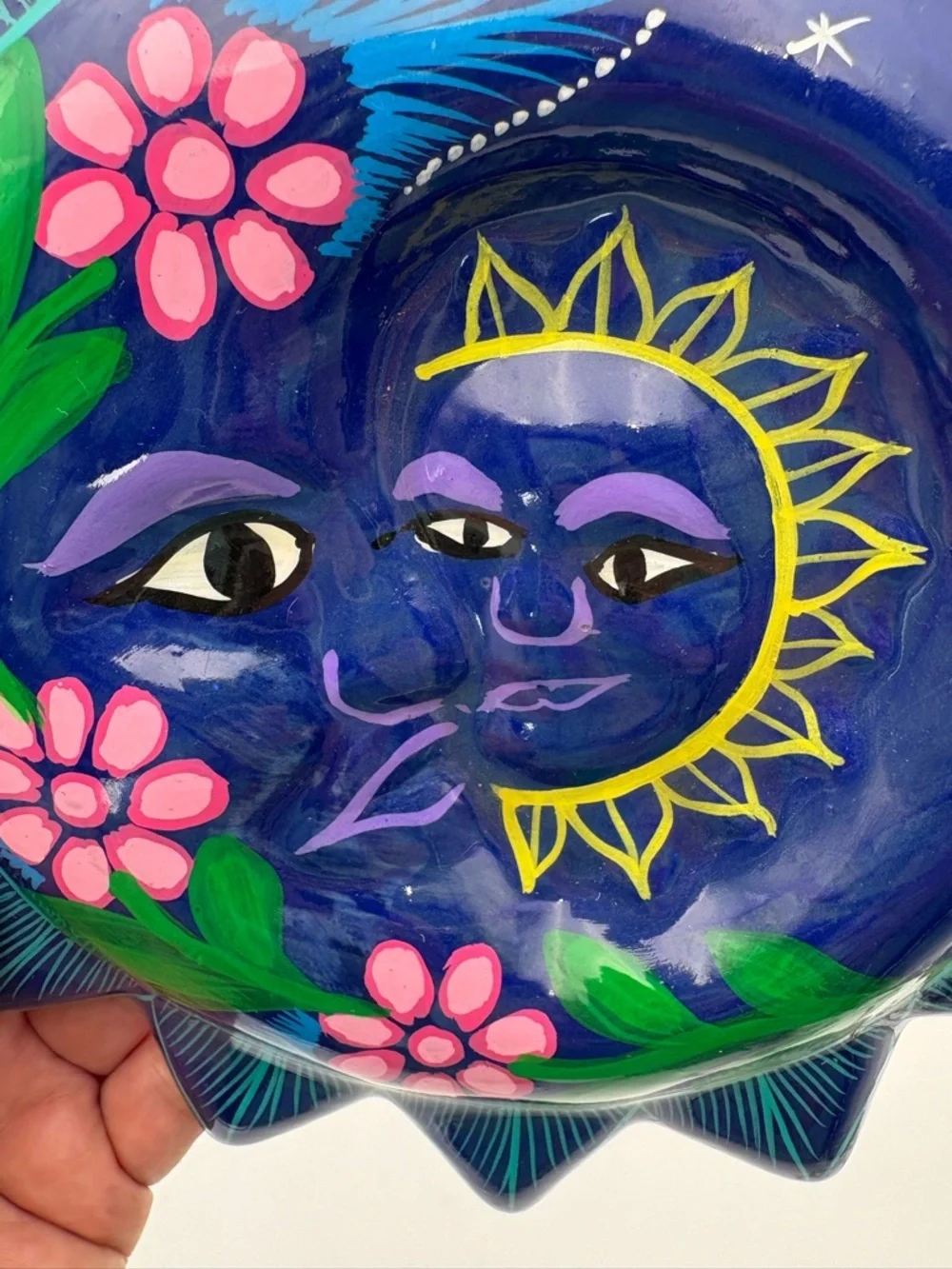 Hand-Painted Terracotta Sun & Moon Wall Plaque - Deep Blue with Pink Flowers